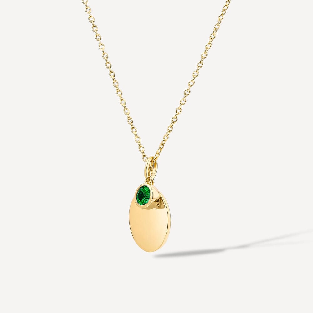 Yellow Gold Plated Vermeil Sterling Silver May Birthstone Emerald Disc Pendant