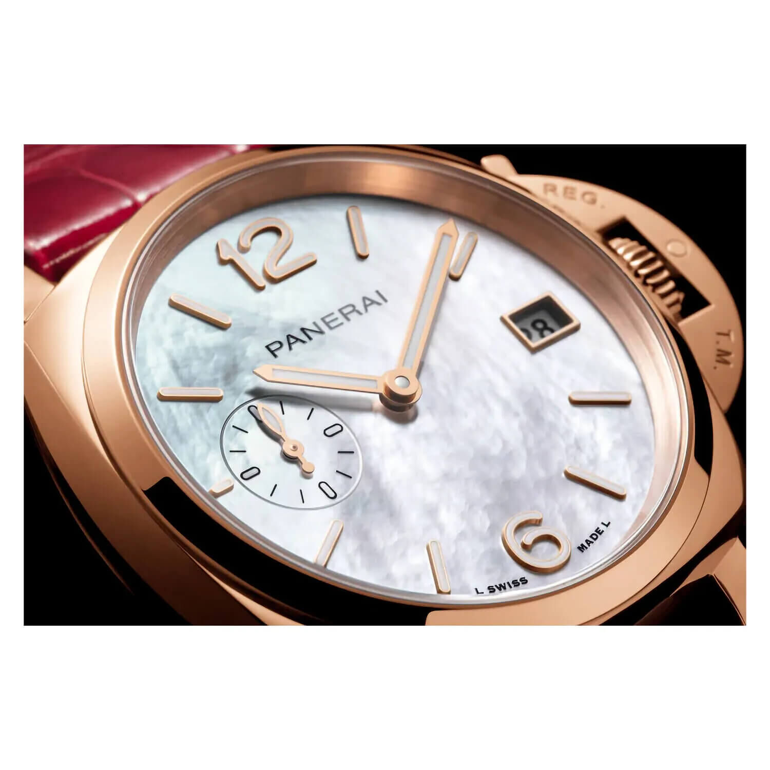 Panerai Luminor Due 38mm Goldtech Madreperla Pearlised Dial Red Strap Watch