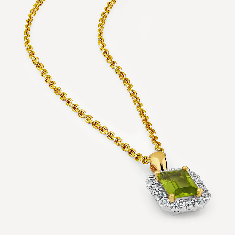9ct Yellow Gold Rectangular Peridot 0.06ct Diamond Halo Pendant image number 2