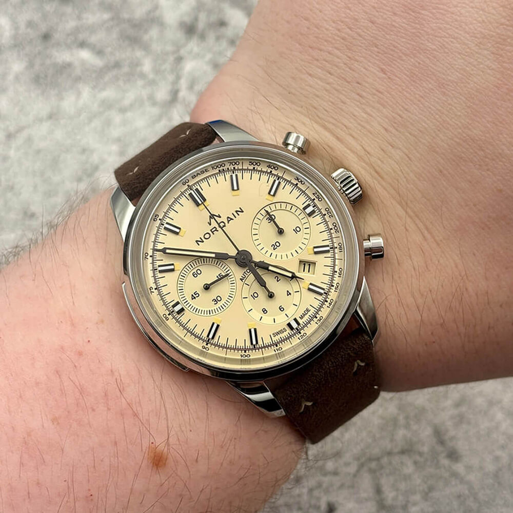 NORQAIN Freedom 60 Chronograph 43mm Cream Dial & Counters Alcantara Ebony Strap Watch