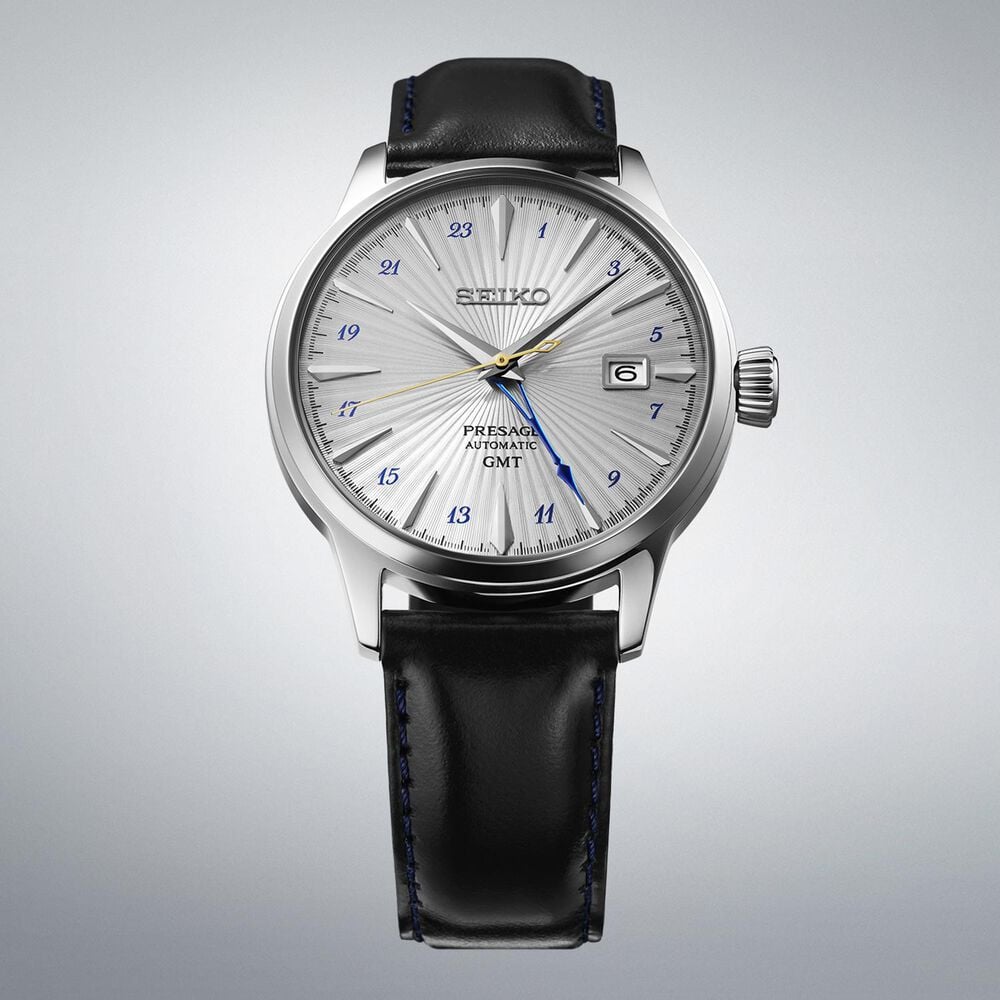 Seiko Presage &lsquo;Silver Bullet&rsquo; Cocktail Time GMT 40.5mm Dial Black Leather Strap Watch