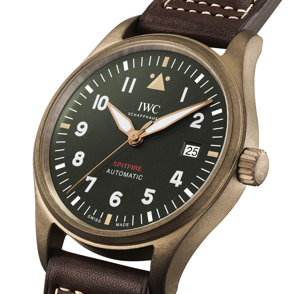 IWC Schaffhausen Pilot's Automatic Spitfire 39mm Green Dial Brown Leather Strap Watch image number 1