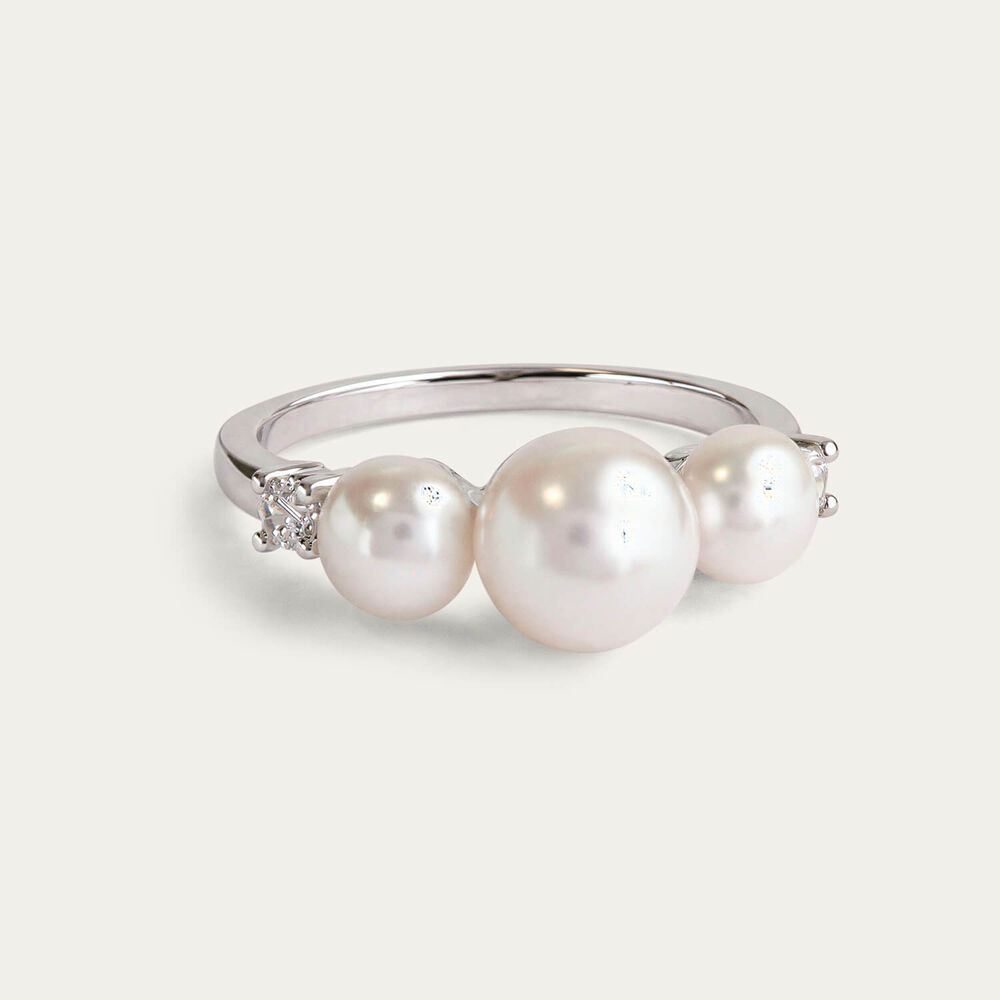 Sterling Silver 3 Freshwater Pearls Cubic Zirconia Sides Ring