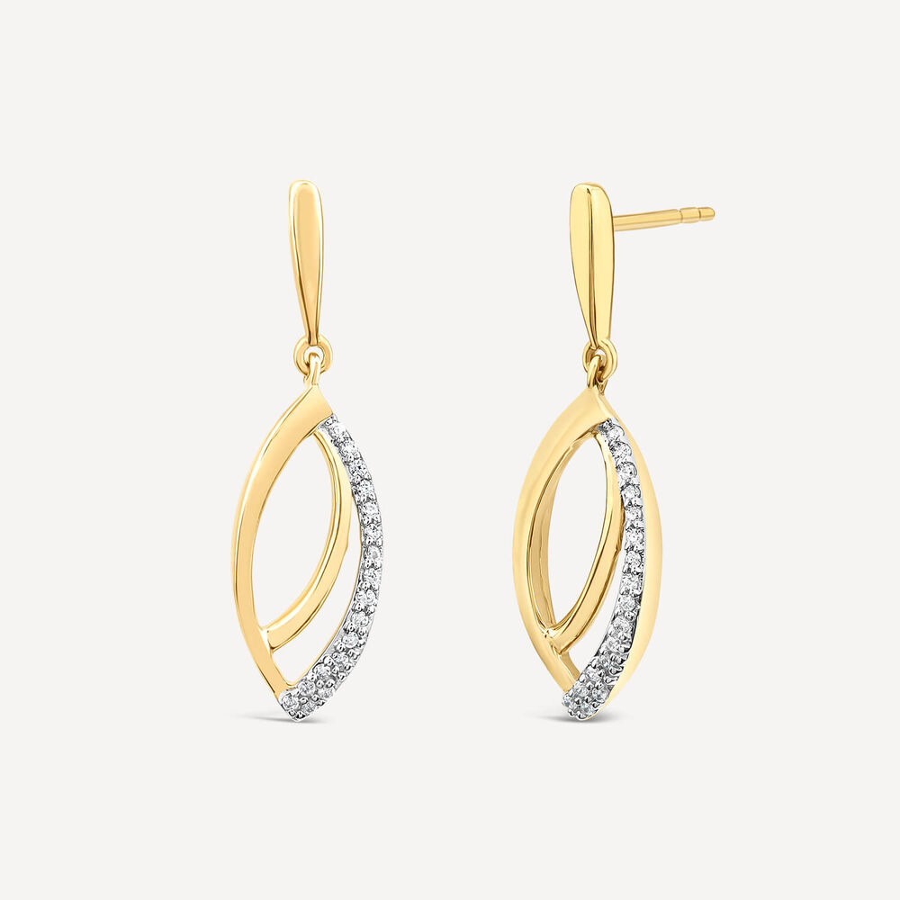 9ct Yellow & White Gold 0.10ct Diamond Set Navette Shaped Drop Earrings image number 1