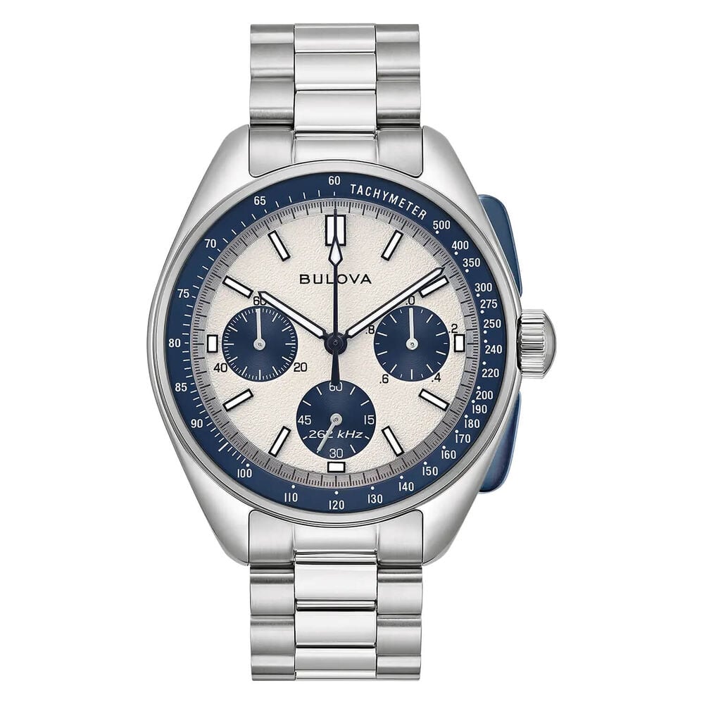 Bulova Heritage Lunar Pilot 43.5mm Chronograph White & Blue Dial Bracelet Watch image number 2