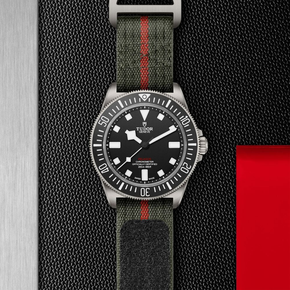 TUDOR Pelagos FXD 42mm Black HMK Dial Green & Red Fabric Strap Watch
