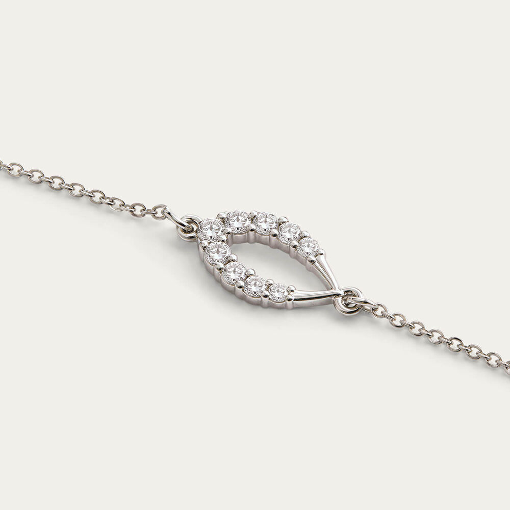 9ct White Gold Beaded Chain Open Oval Cubic Zirconia Set Charm Bracelet