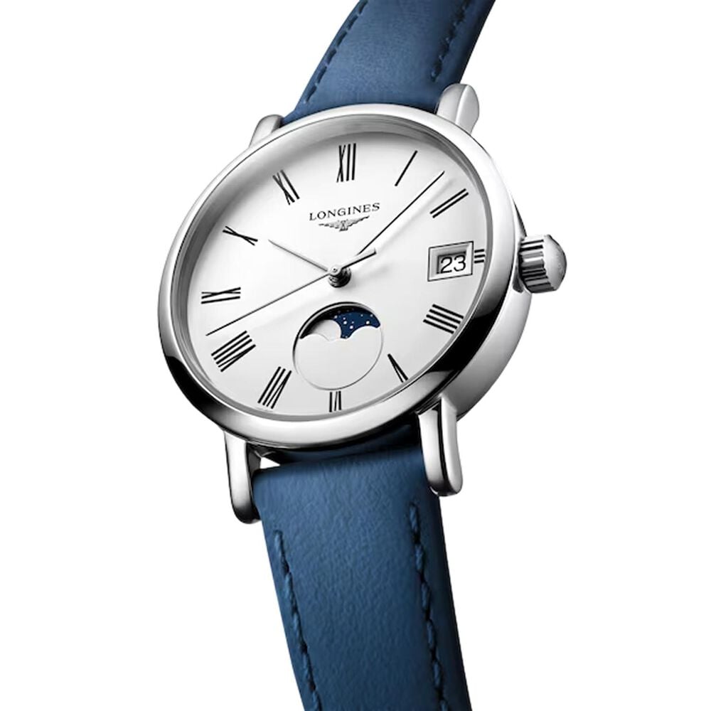 Longines Elegant Moonphase 30mm White Matte Dial Blue Leather Strap Watch