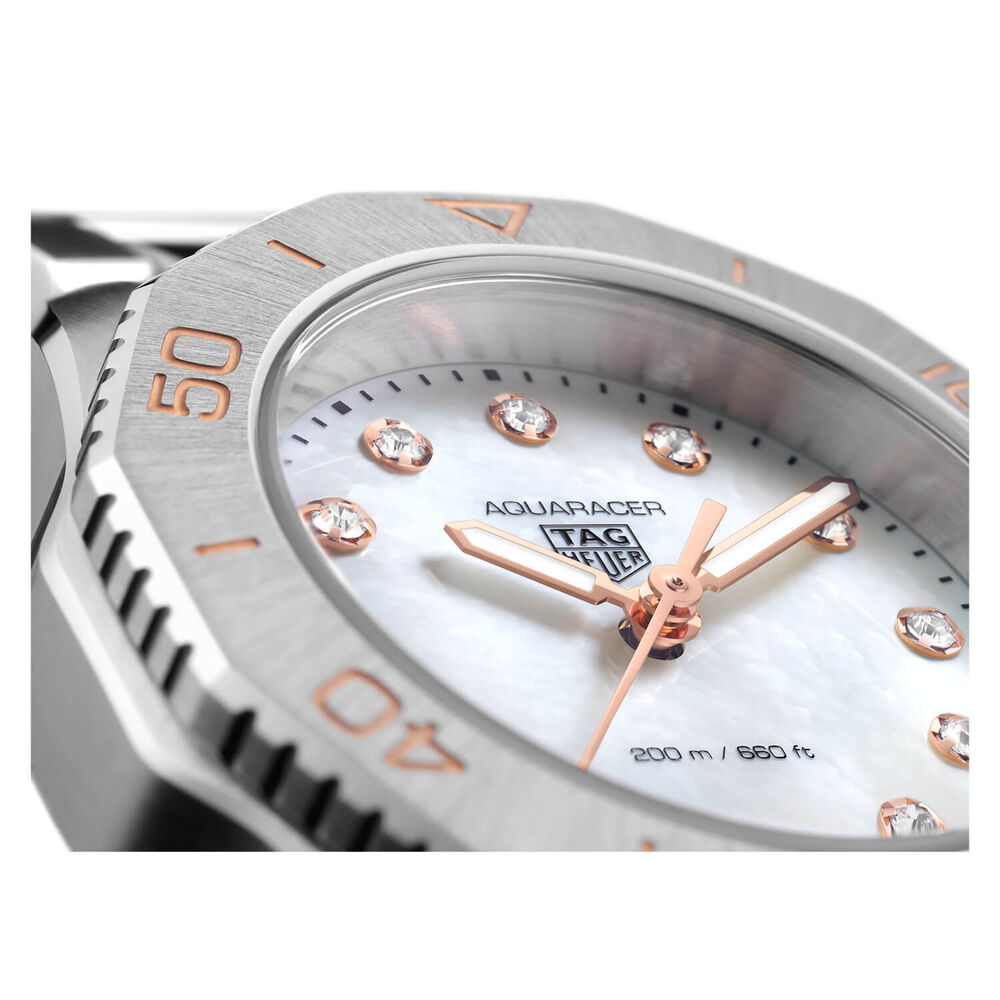 TAG Heuer Aquaracer Professional 200 30mm MOP Dial Diamond Rose Gold Hands Steel Bracelet Watch image number 2