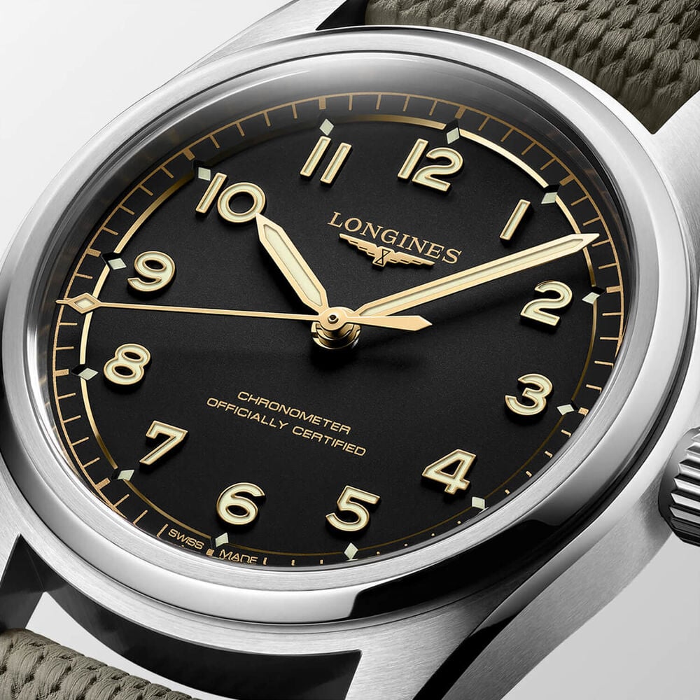 Longines Spirit Pilot 39mm Black Dial Green Textile-Style Rubber Strap Watch image number 1