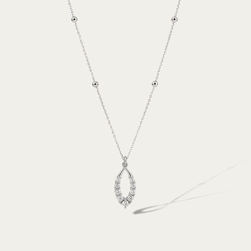 9ct White Gold Beaded Chain Open Oval Cubic Zirconia Set Pendant