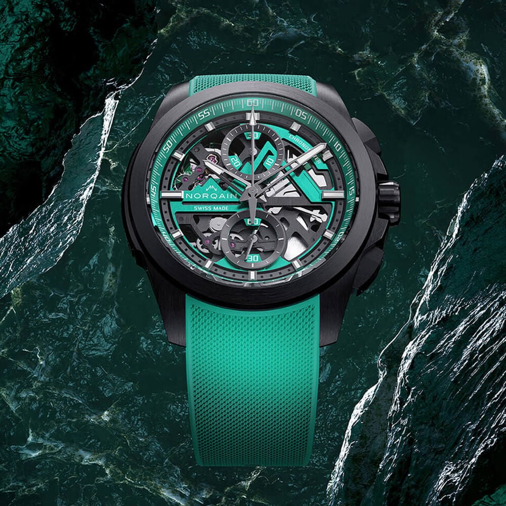 NORQAIN Independence Skeleton Chrono 42mm Dial Titanium Case Green Rubber Strap Watch