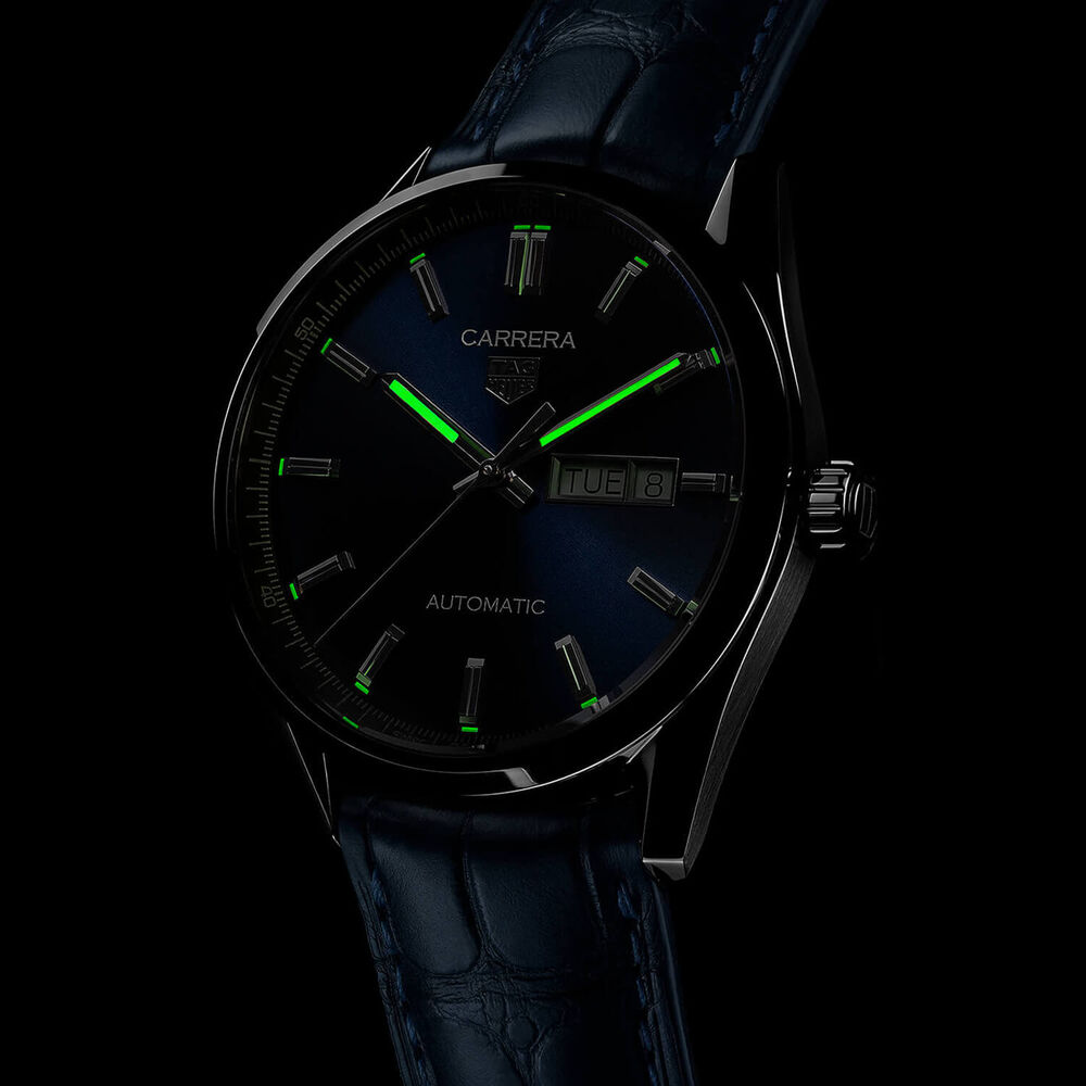TAG Heuer Carrera Day-Date 41mm Automatic Blue Dial Steel Case Blue Leather Strap Watch image number 6