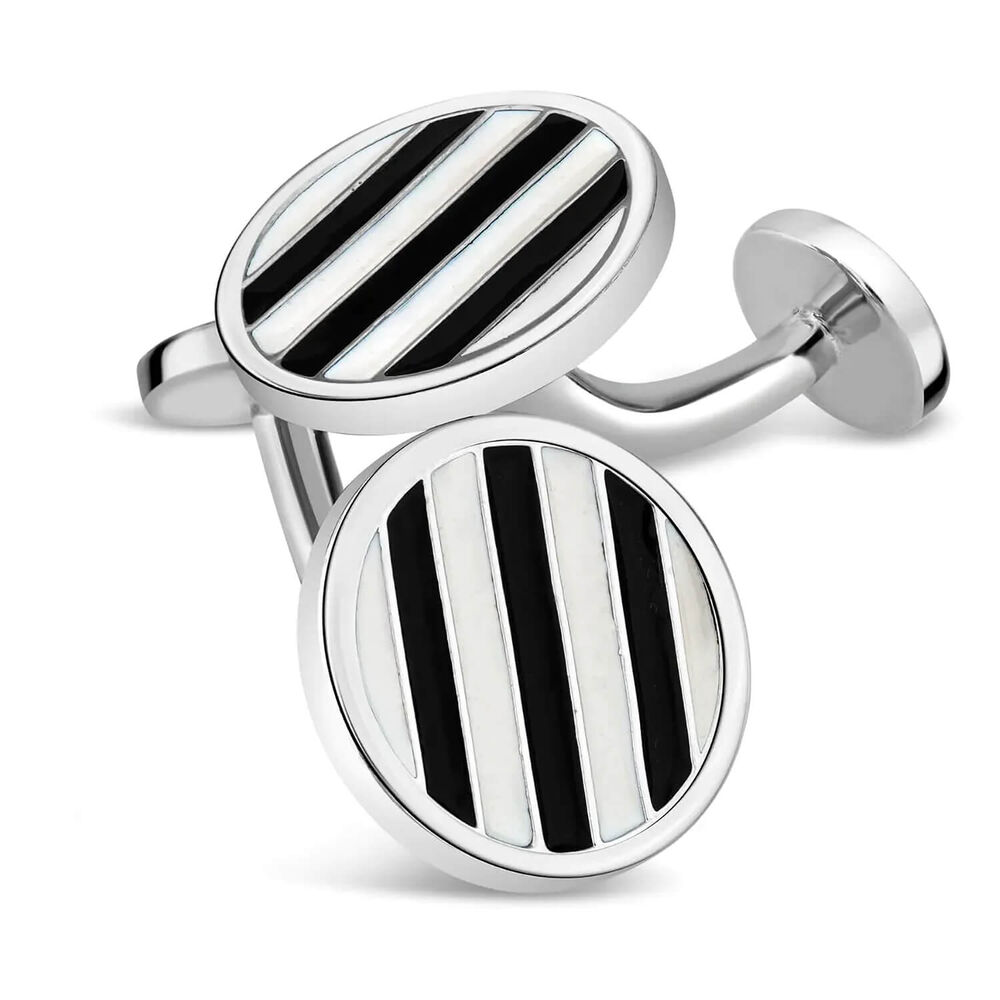 Gents Sterling Silver Black & White Stripe Round Cufflinks image number 2