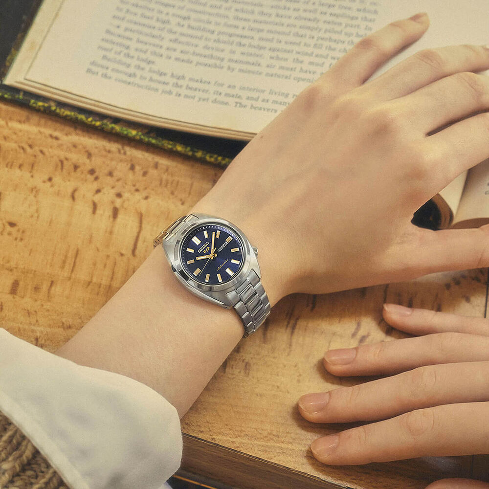 Seiko 5 Sports ‘Hebitama’ SNXS Denim Blue 32mm Dial Steel Bracelet Watch image number 5