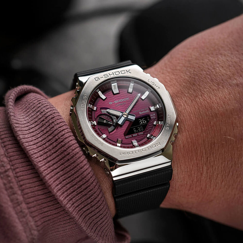 G-SHOCK Metal Covered 49.3mm Pink Dial Black Resin Strap Watch image number 1