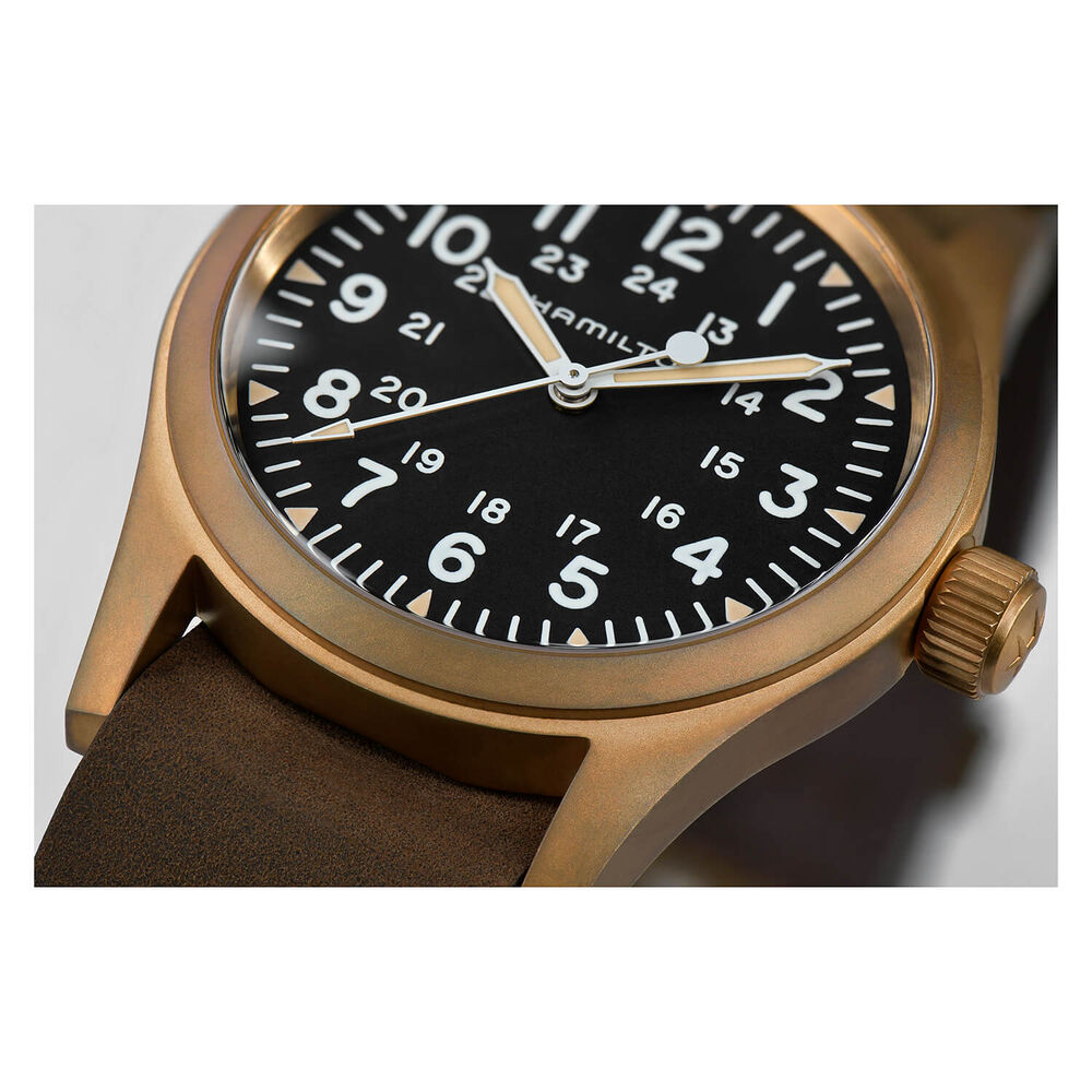 Hamilton Khaki Field 42mm Black Dial Bronze Case Leather Strap Watch image number 3