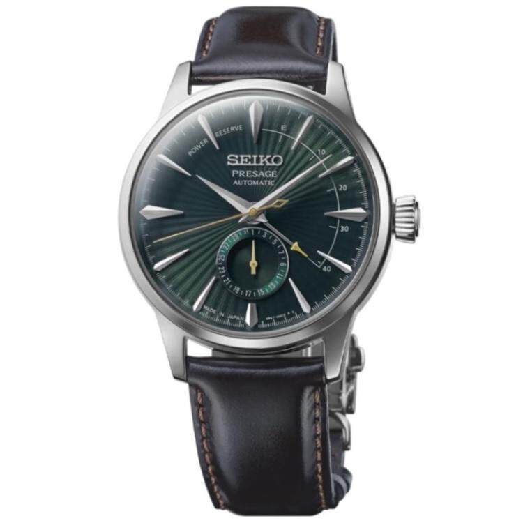 Seiko Presage 40.5mm Green Dial Steel Case Brown Strap Watch