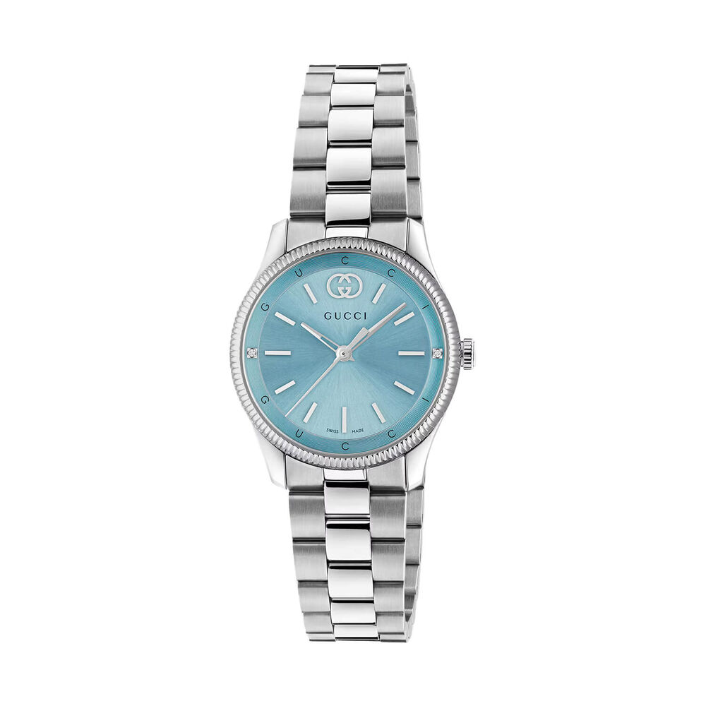 Gucci G-Timeless 29mm Blue Dial Two Diamond Dots Steel Bracelet Watch