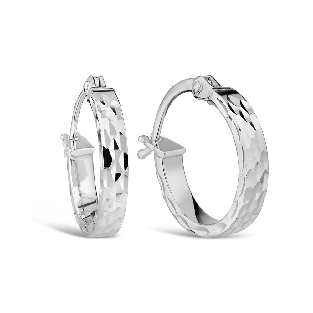 9ct White Gold Diamond Cut Hoop Earrings image number 1