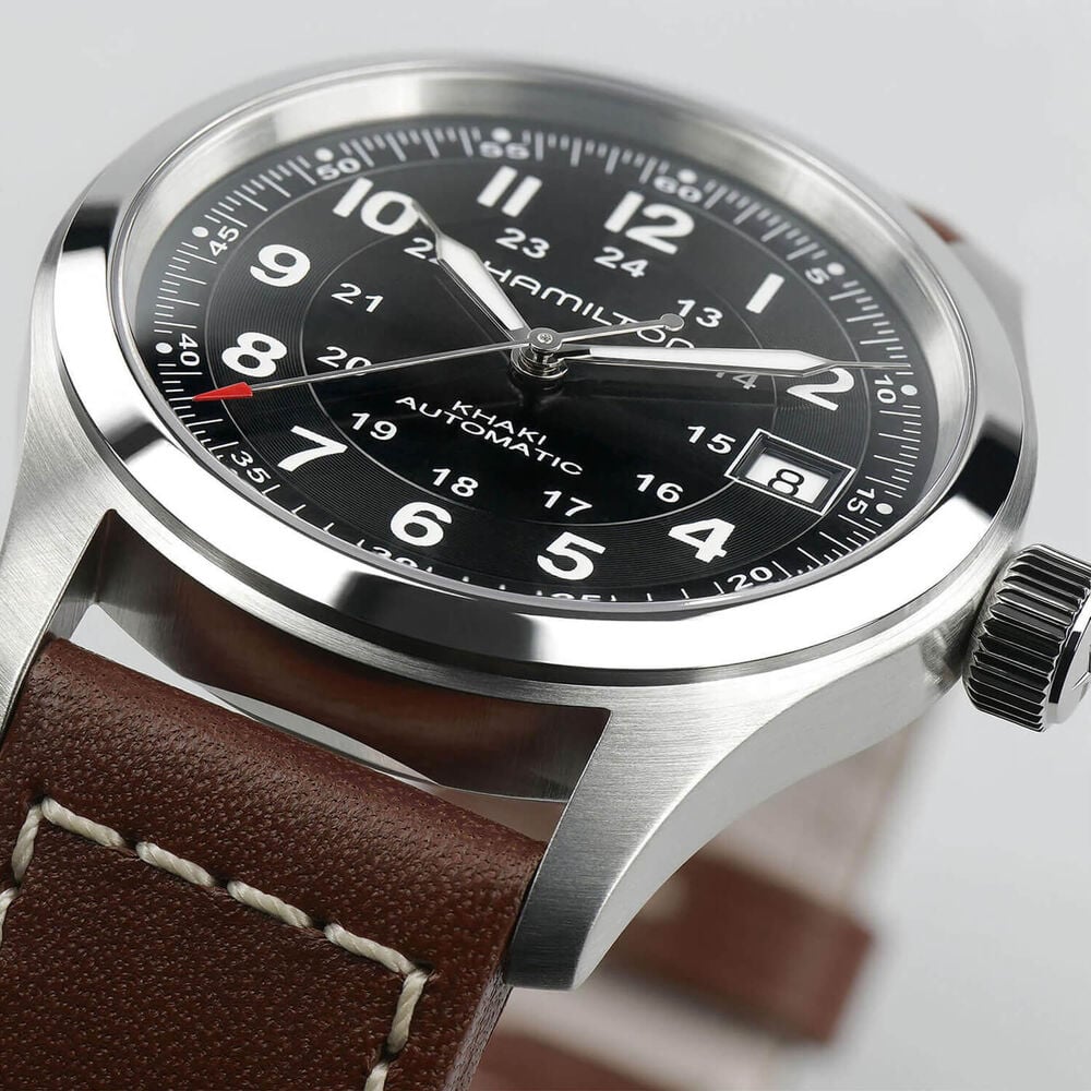 Hamilton Khaki Field 38mm Black Dial Brown Leather Strap image number 3