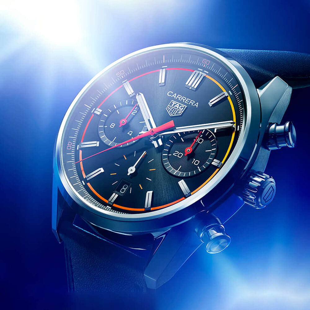TAG Heuer Carrera Chronograph 42mm Black Dial Red Details Leather Strap Watch image number 8