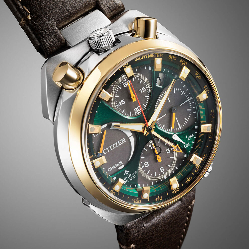 Citizen Promaster Bullhead Racing Chronograph 45mm Green Dial Brown Leather Strap Watch