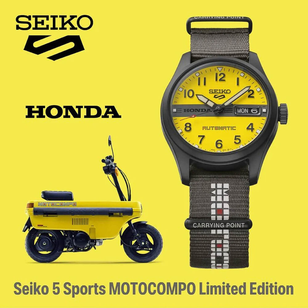 Seiko 5 Sports x Honda Motocompo Limited Edition 36.4mm Yellow Dial Black Nylon Strap Watch