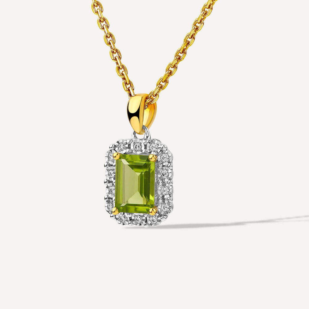 9ct Yellow Gold Rectangular Peridot 0.06ct Diamond Halo Pendant image number 1