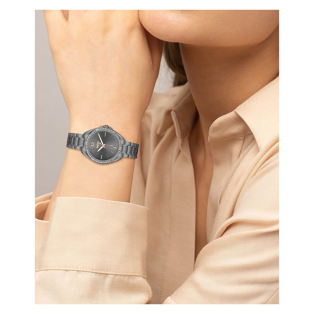 Hugo Boss Felina 32mm Quartz Grey Dial Cubic Zirconia Bezel Grey IP Case Bracelet Watch image number 2