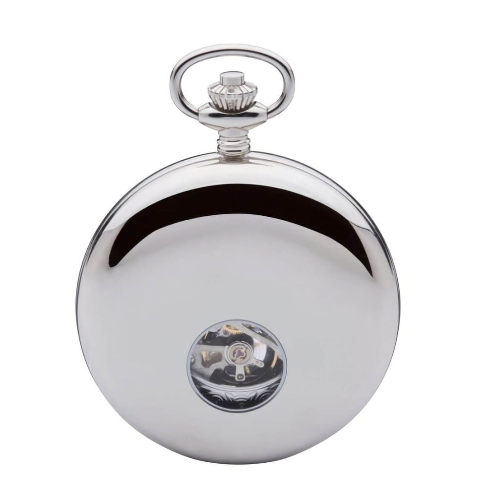 Jean Pierre Polished Chrome Mechanical Double Half Hunter Heartbeat Window Pocket Watch image number 2