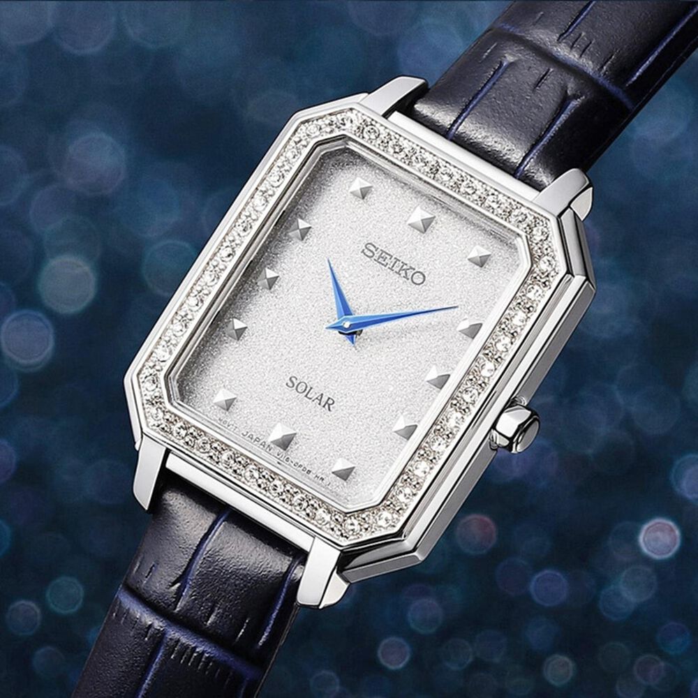 Seiko Solar 25mm Rectangular Dial Crystal Stone Set Bezel Blue Leather Strap Watch image number 5