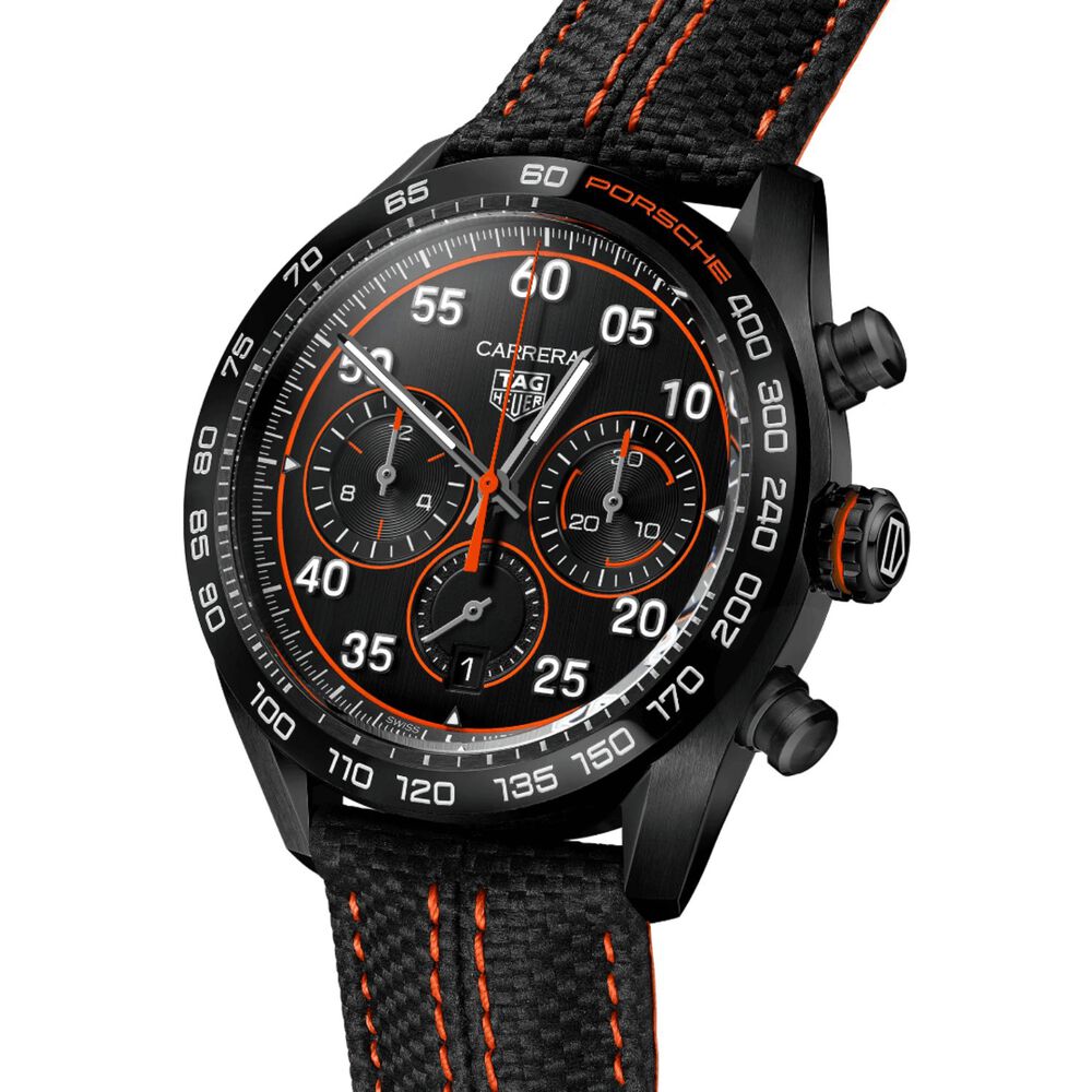TAG Heuer Carrera Chronograph x Porsche Orange Racing 44mm Black Dial Leather Strap Watch image number 1