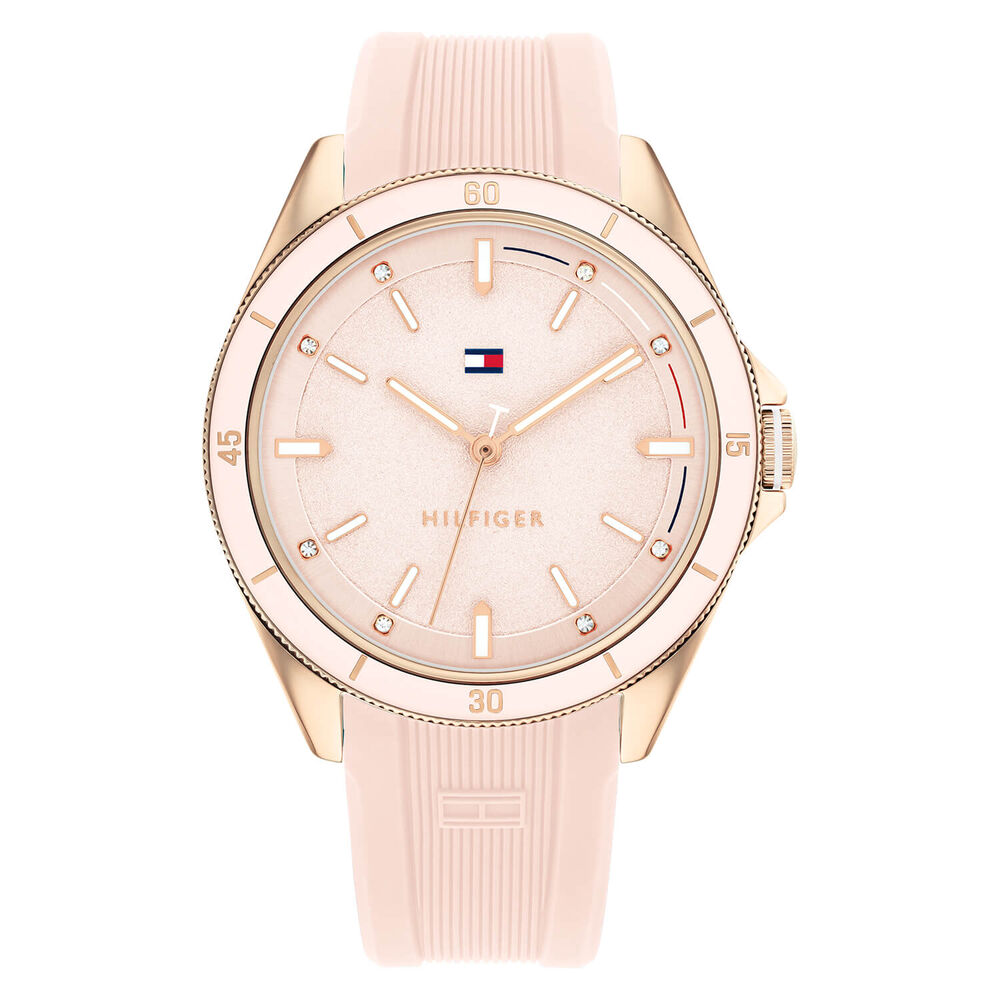 Tommy Hilfiger 38mm Quartz Pink Dial Rose Gold IP Case Pink Rubber Strap Watch