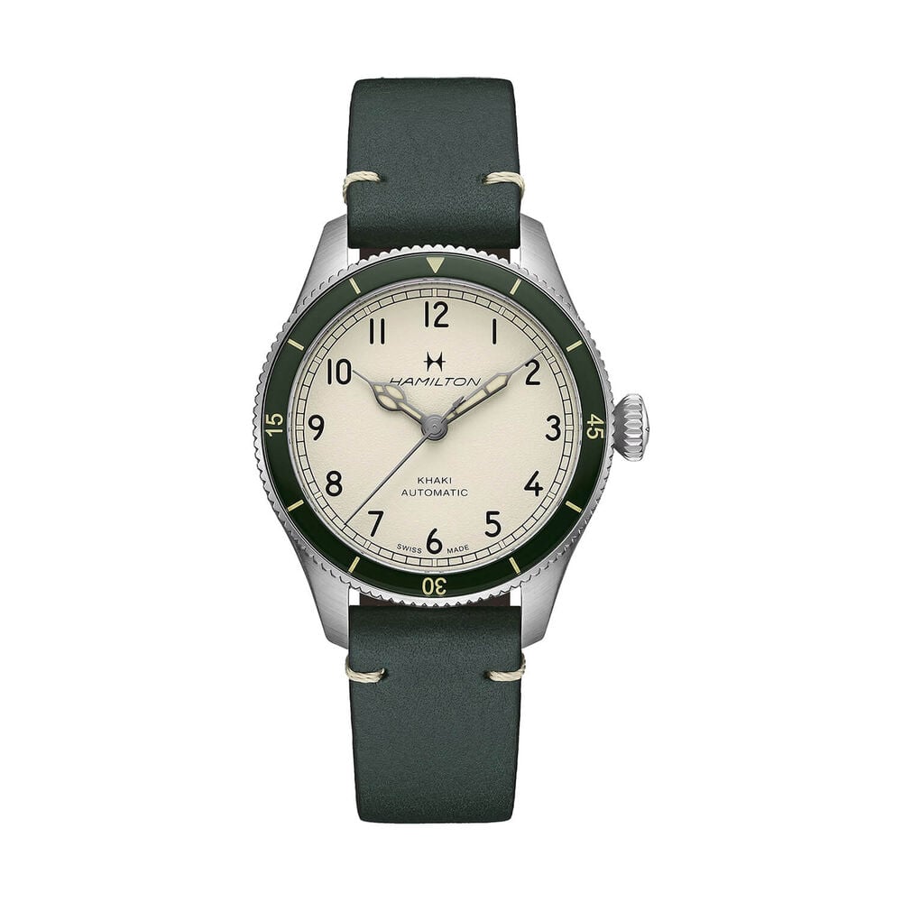 Khaki Aviation Pilot Pioneer 38mm White Dial Green Leather Strap Watch