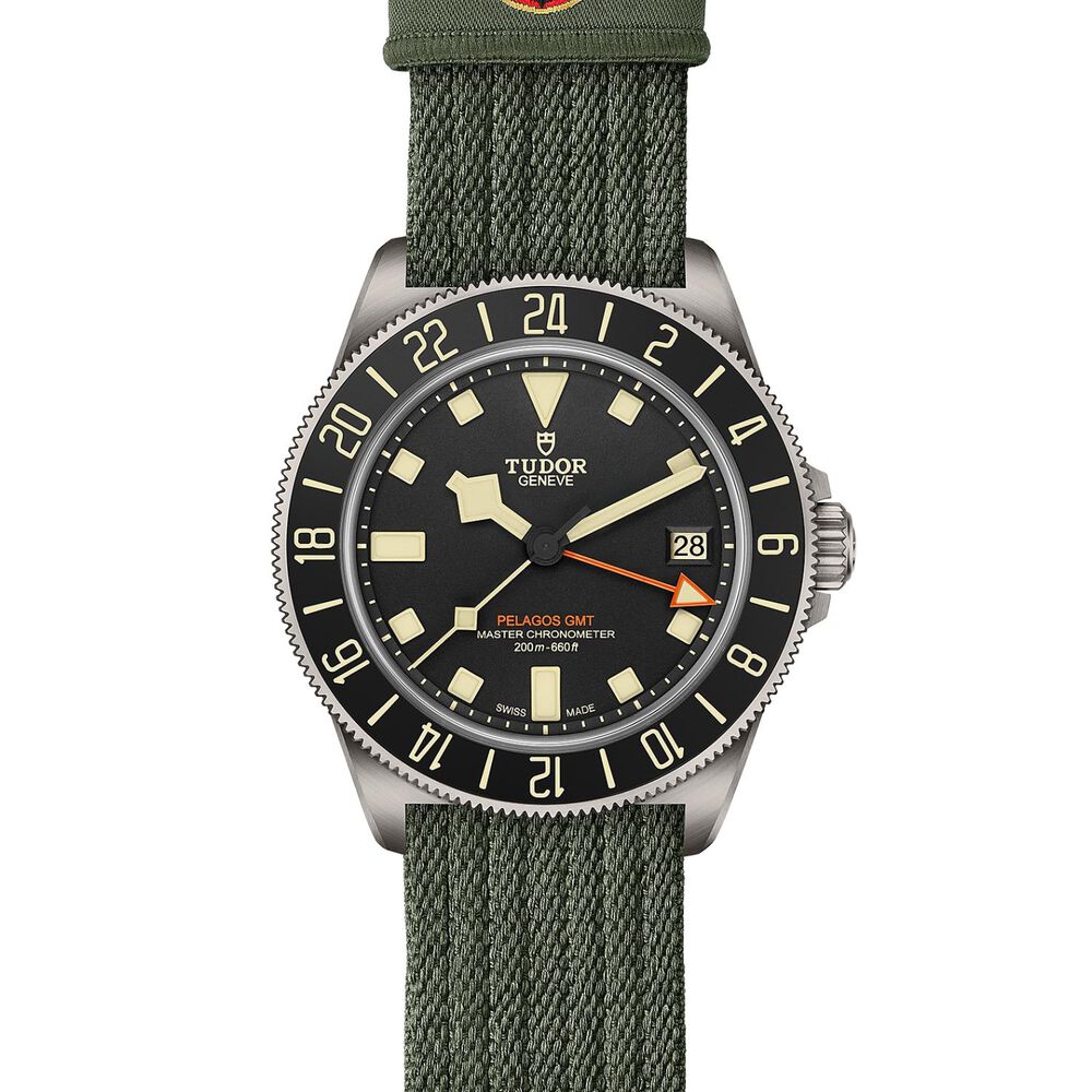 TUDOR Pelagos FXD GMT 42mm Matte Black Dial Green Fabric Strap Watch