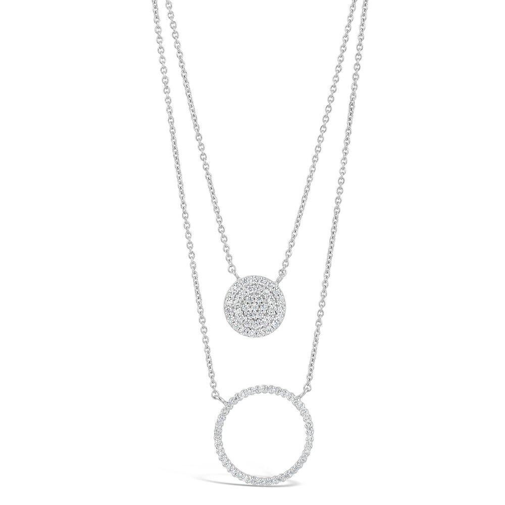 Sterling Silver Cubic Zirconia Circle Disc Double Chain Necklet
