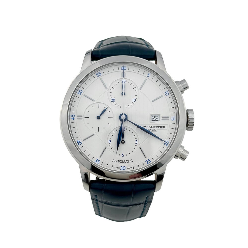 Pre-Owned Baume & Mercier Classima Chronograph 42mm White Dial Blue Leather Strap Watch image number 0