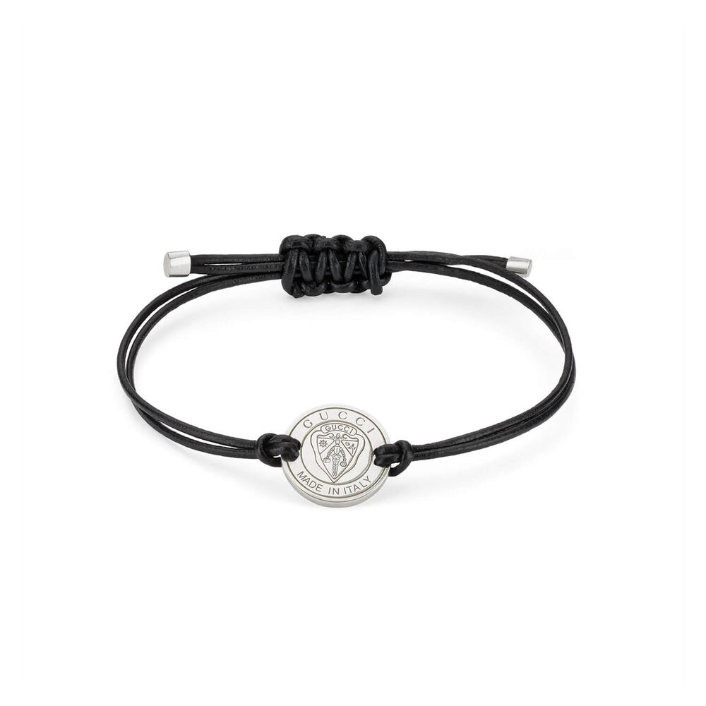 Gucci Crest Black Leather Cord Sterling Silver Disk Bracelet