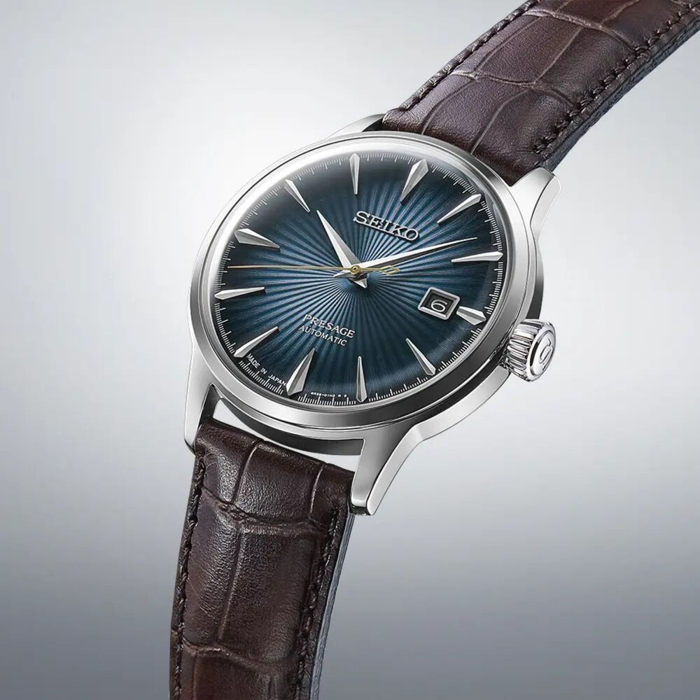 Seiko Presage Cocktail Time 40.5mm Blue Dial Brown Leather Strap Watch image number 1