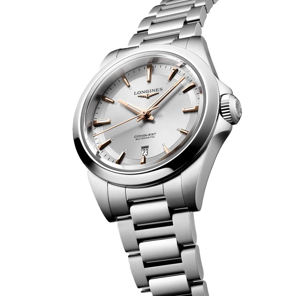 Longines Conquest 30mm Silver Dial Rose Gold Hands Steel Bracelet Watch image number 1