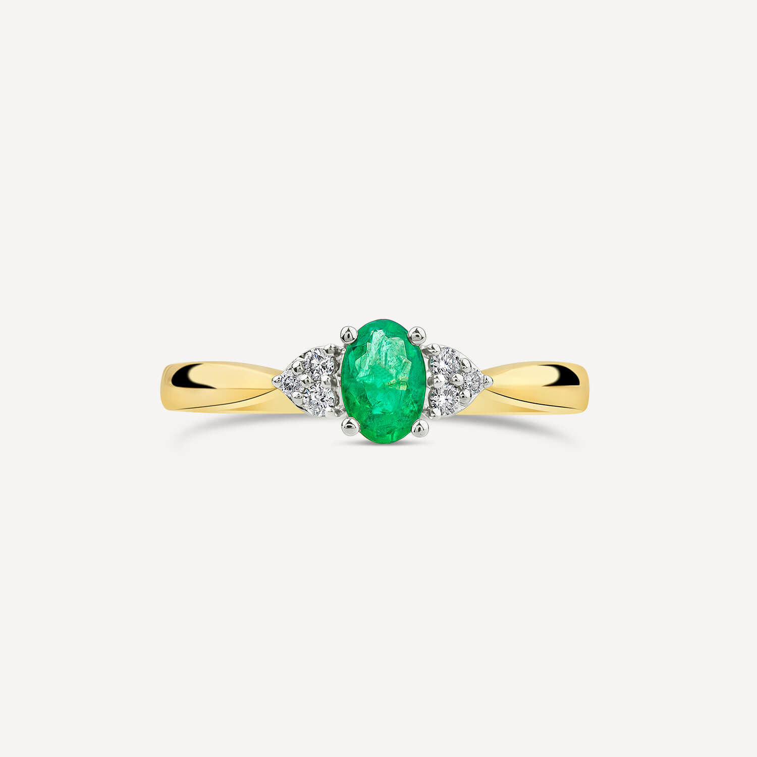 9ct Yellow Gold Oval Emerald Trefoil 0.07ct Diamond Sides Ring