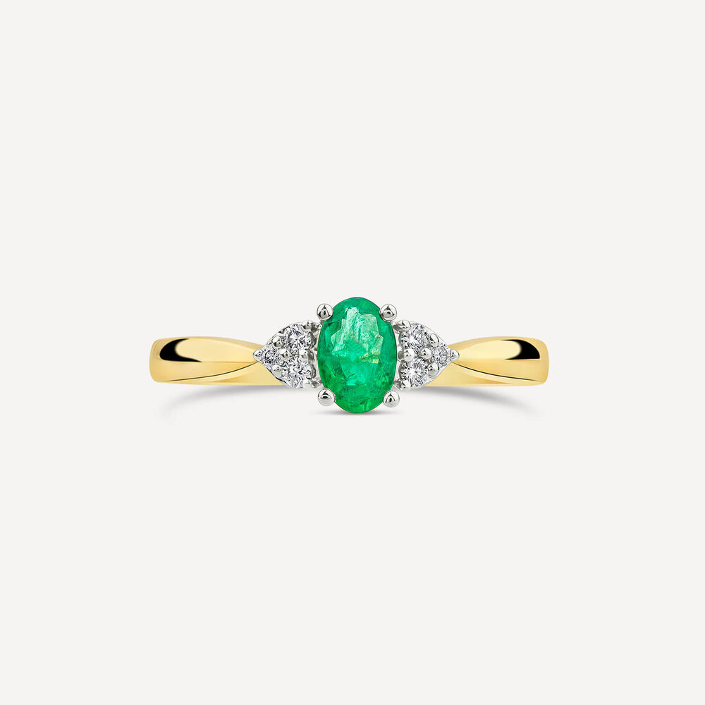 9ct Yellow Gold Oval Emerald & Trefoil 0.07ct Diamond Sides Ring