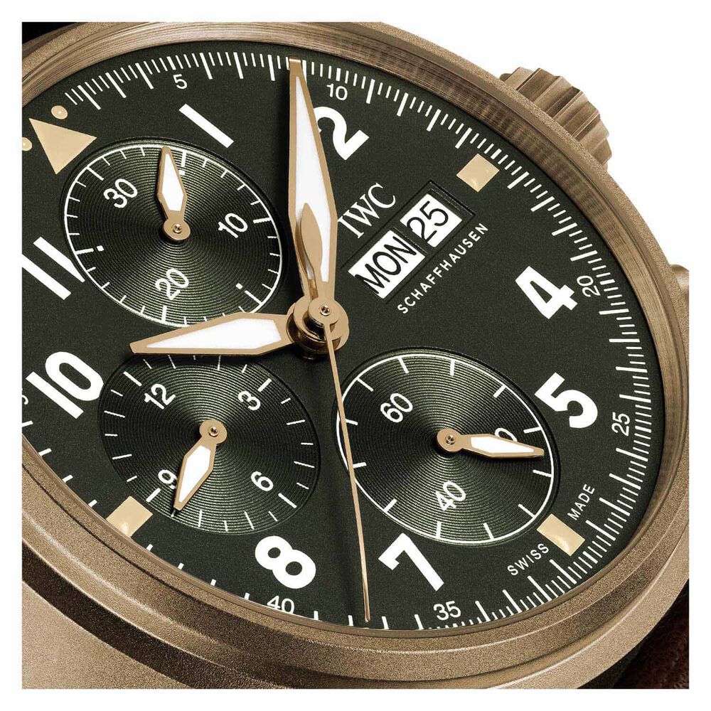 Pre-Owned IWC Schaffhausen Pilot's Watch Chronograph Spitfire Green Dial Brown Strap Watch image number 6