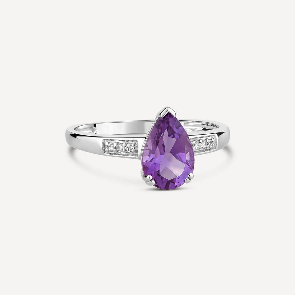 9ct White Gold Amethyst Pear and Diamond Ring image number 2