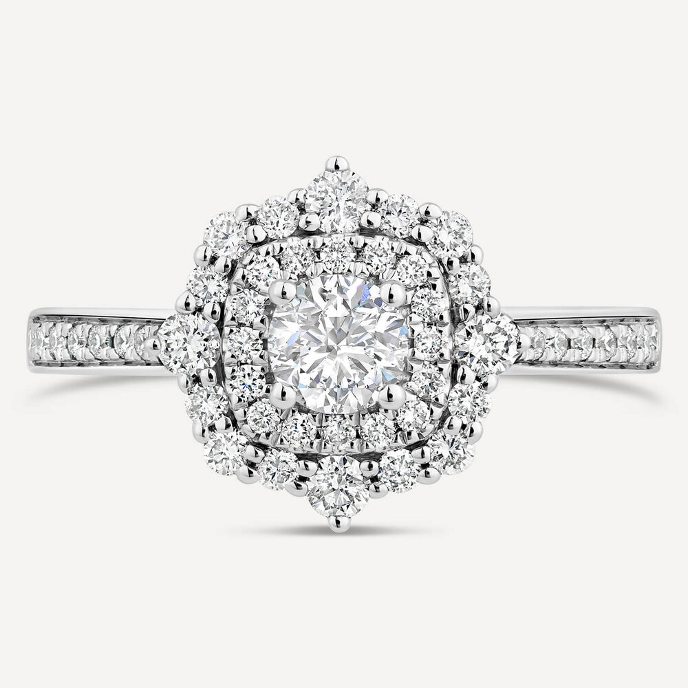 18ct White Gold Double Halo Cluster Stone Set Shoulders 0.75ct Diamond Ring