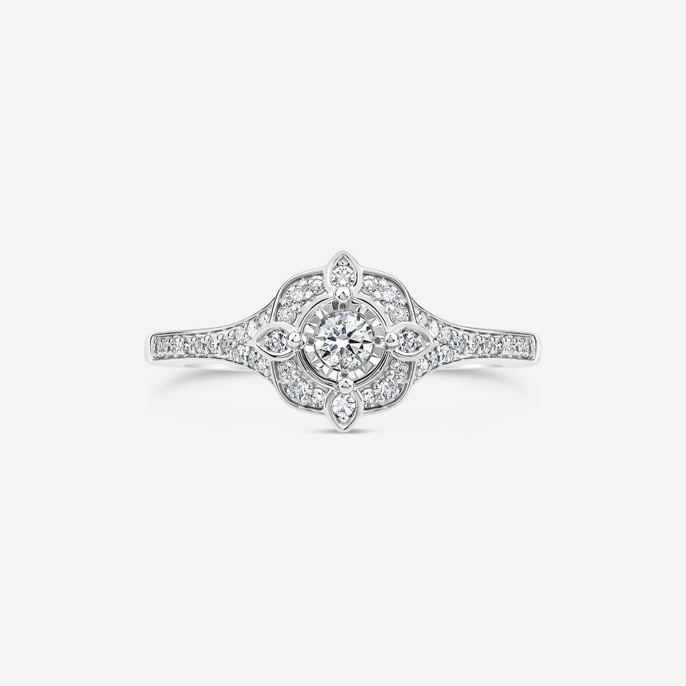18ct White Gold Vintage Illusion 0.24ct Diamond Cluster Shoulders Ring image number 1