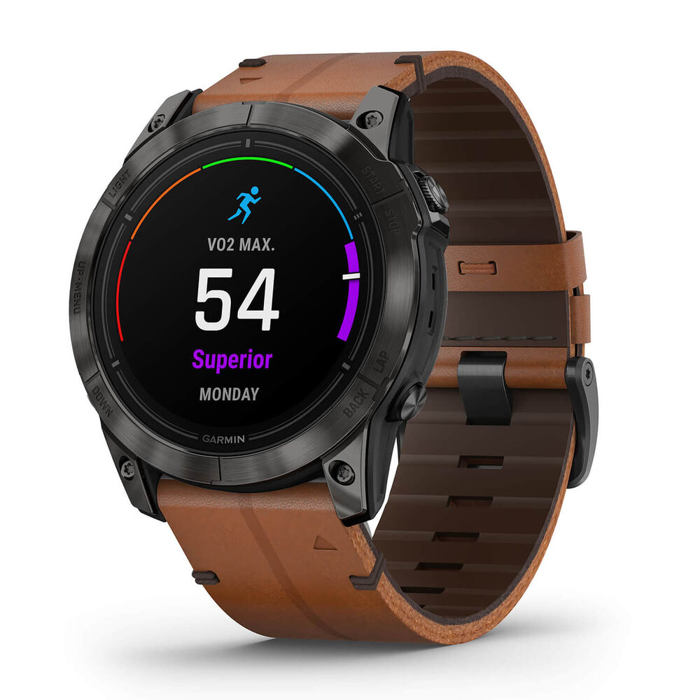 Garmin Epix Pro Gen 2 Sapphire 51mm DLC Titanium Case Brown Leather Strap Watch image number 3