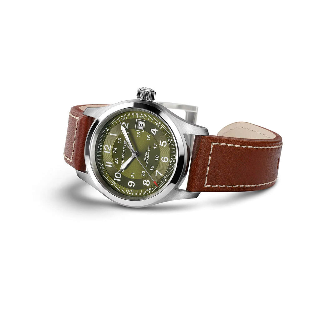 Hamilton Khaki Field 38mm Green Dial Brown Leather Strap Watch image number 3