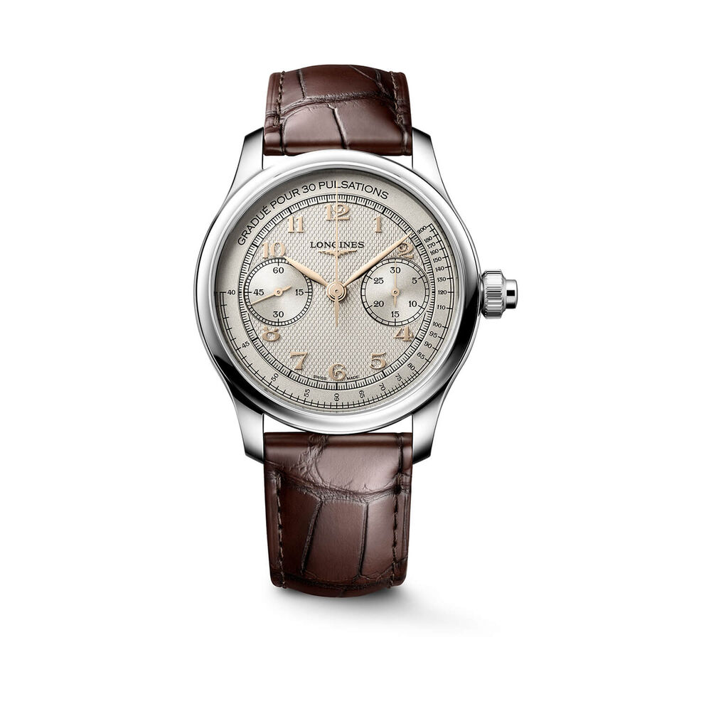 Longines Master Collection Chrono Moonphase 41mm Silver Barleycorn Dial Leather Strap Watch